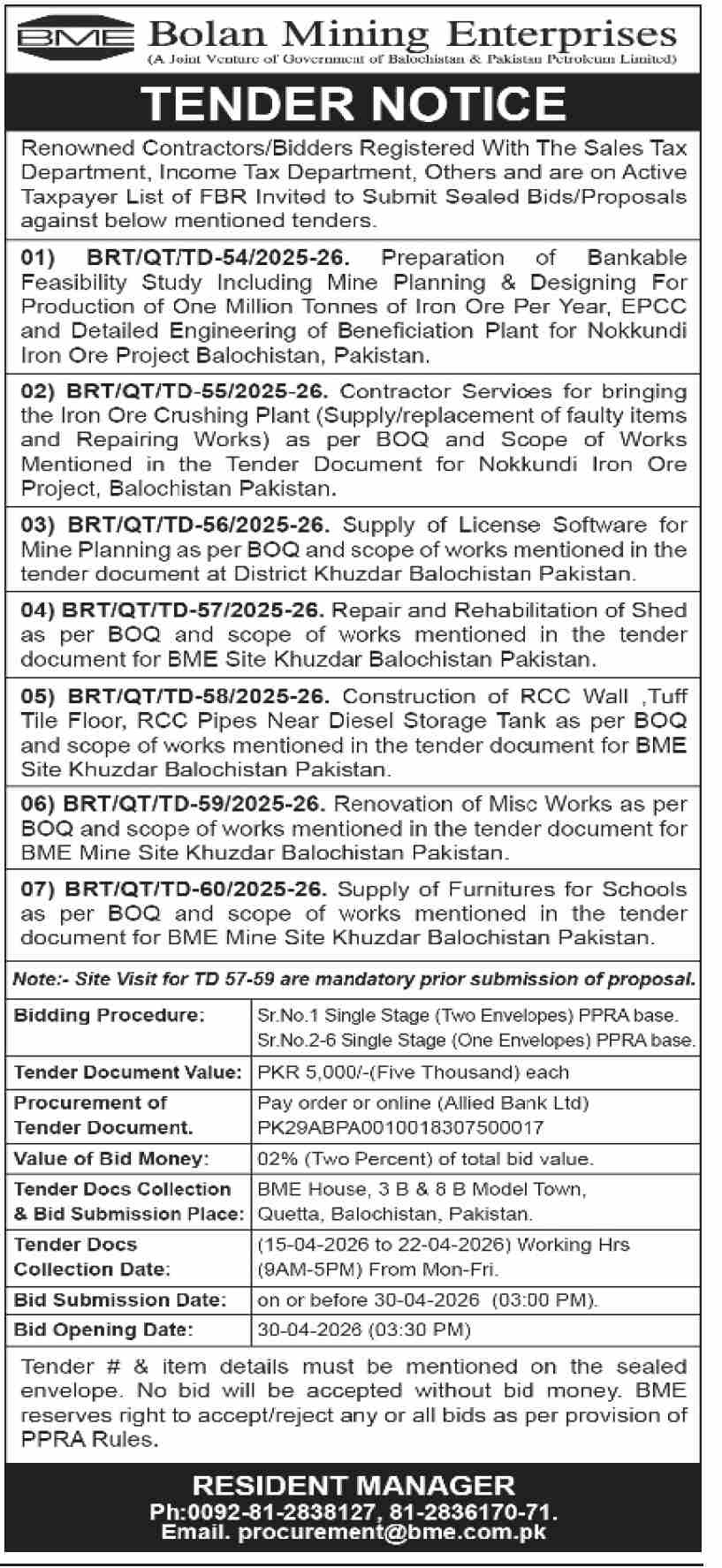 Bolan Mining Enterprises Multiple Tenders - Bolan Mining Enterprises (A Joint Venture of Government of Balochistan & Pakistan Petroleum Limited)